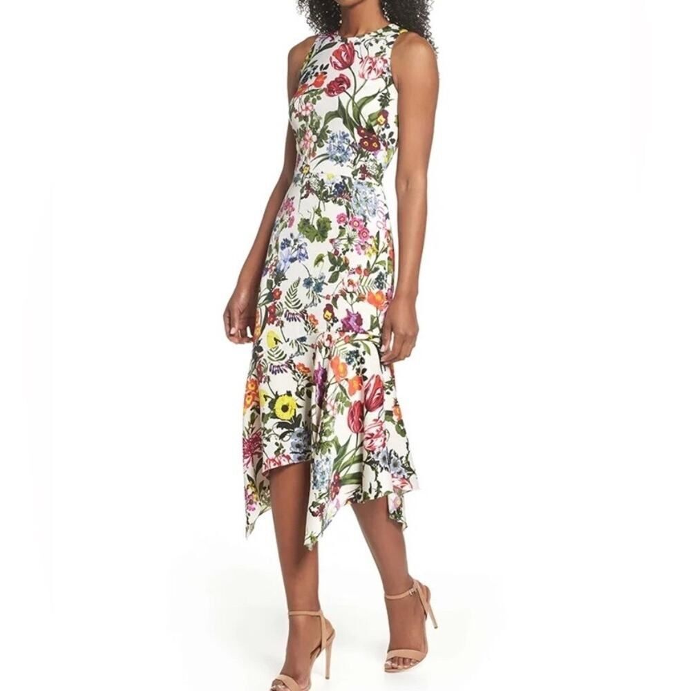 New Maggy London White Botanical Floral Print Charmeuse Midi Dress 8
